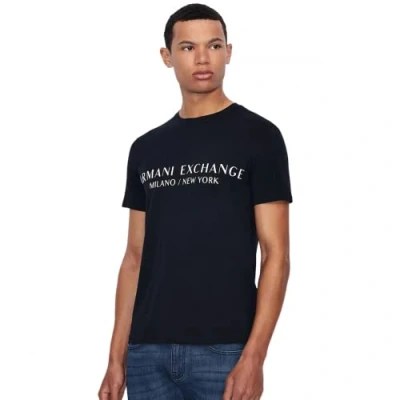Image of Armani Exchange Men&#039;s Short Sleeve Milan New York Logo Crew Neck T Shirt, Navy, XS