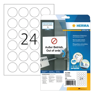 Image of HERMA Self Adhesive Removable Round Labels, 24 Labels per A4 Sheet, 25 Sheets, Ø 40 mm, 600 Blank Multipurpose Stickers, Sticky Dots for Laser &amp; Inkjet Printer, White