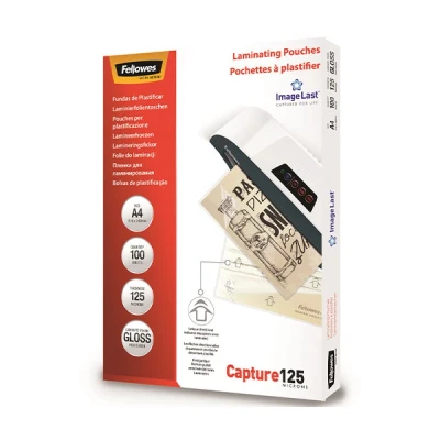 Image of Fellowes A4 Laminating Pouches, Gloss Finish, 100 Sheets, 250 Micron (2 x 125 Micron) High Quality Finish with Image Last Directional Mark Ideal for Photos, Notices and Everyday Use