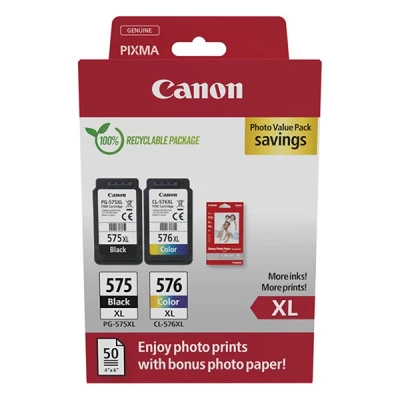 Image of Canon PG 575XL / CL 576XL High Yield Genuine Ink Cartridges, Pack of 2 (1 x Black, 1 Colour); Includes 50 sheets 4x6 Photo Paper Cardboard Multipack
