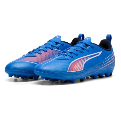 Image of Puma Unisex Kid&#039;s Ultra 6 Play Mg Jr Soccer Shoe, Blue White Glowing Red, 2 UK