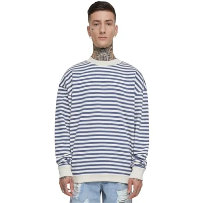 Image of Urban Classics Striped Crewneck Sweatshirt, Men&#039;s, Size: XXL, Whitesand vintageblue