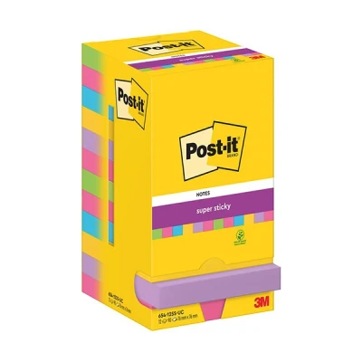 Image of Post it Super Sticky Notes Assorted Colours, Pack of 12 Pads, 90 Sheets per Pad, 76 mm x Extra For Note Taking &amp; To Do Lists