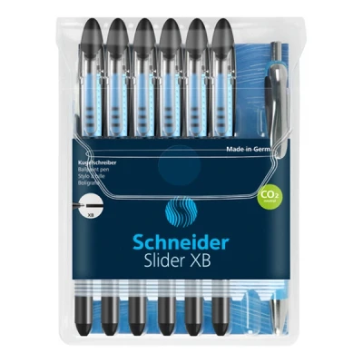 Image of Schneider 151276 Slider Basic XB Pack of 6 and 1x Rave Ballpoint Pen with Case, Black Ink