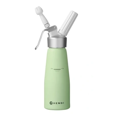 Image of HENDI Kitchen Siphon, with 3 Polypropylene Nozzles and Cleaning Brush, Siphon for Cream, Foams, Mousses, Desserts, Cold Foamed, 0.5L, ø80x(H)260 mm, Aluminium, Pastel Green