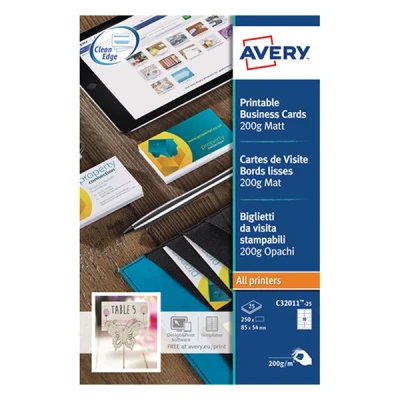 Image of Avery C3201110 Business Cards, (Laser, Inkjet or Multifunction Printer), 85 x 54 mm, 100 Cards per Pack, White