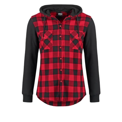Image of Urban Classics Hooded Checked Flanell Sweat Sleeve Shirt Zipup sweatshirt black, Men&#039;s, Size: Large, Black