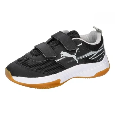 Image of Puma Varion II V JR Unisex Handball shoes for kids, Size: 10K, Black/cool light gray/yellow blaze Synthetics/textile
