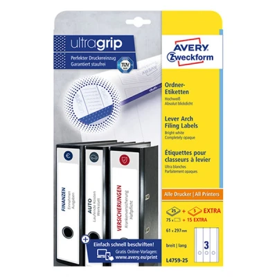 Image of Avery Zweckform L4759 25 90 File Spine Labels (A4 Self Adhesive, Opaque Width/Length 61 x 297 mm) 30 Sheets White