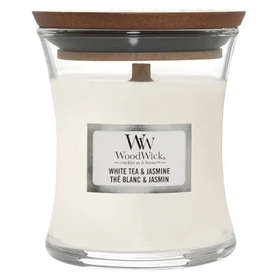 Image of WoodWick Scented Candle Mini White Tea &amp; Jasmine 8 cm / ø 7 in Glass Wooden Wick