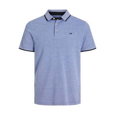 Image of JACK &amp; JONES Men&#039;s Slim Fit Polo Shirt JJEPAULOS Plain Summer Tee Collar Short Sleeve Essential Pique Cotton, Light Blue, L