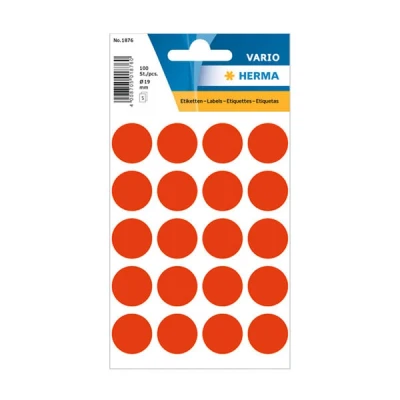 Image of HERMA 1876 Dot Stickers, Adhesive Dots, Bright Red, Pack of 100, Diameter 19 mm, 20 per Sheet, Self Adhesive, Marking Dots for Calendars, Planners, Crafts, Matt, Blank Paper Colour Labels