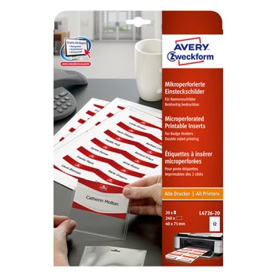 Image of Avery L4726 20 Printable Name Badge Insert Refills (75 x 40 mm Inserts, Pack of 240) White,Package May Vary