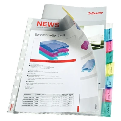 Image of Esselte Index Punched Pocket with 8 Tabs, Holds up to 30 A4 sheets, Transparent, 130 Micron PP Material, 414150