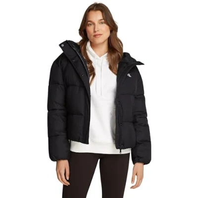 Image of Calvin Klein Jeans LOGO Short Hooded Puffer Winter jacket, Women&#039;s, Size: XL, Black