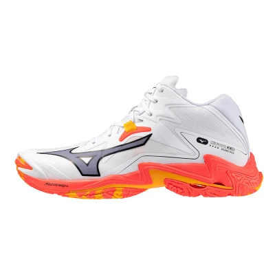 Image of Mizuno WAVE LIGHTNING Z8 MID Volleyball Shoes White/Fiery Coral 2/Citrus Women/Men Size 8