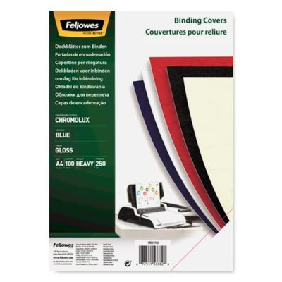 Image of Fellowes 100% Recyclable A4 Gloss Binding Covers Heavyweight 250gsm Presentation FSC, Blue, Pack of 100