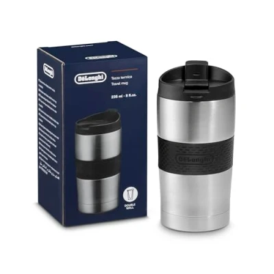 Image of De&#039;Longhi DLSC074 Travel Thermo Mug, Stainless Steel Double Wall Coffee Mug for Hot and Cold Drinks, One Click Opening, 235 ml Capacity