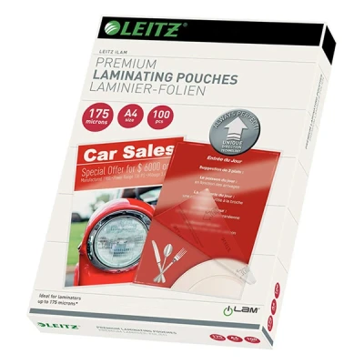 Image of Leitz Hot Laminating Pouches A4 175 micron, Premium Quality in Pack of 100, Glossy, Transparent, Simplified Insertion by UDT, iLAM, 74830000