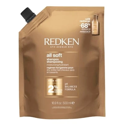 Image of Redken Hair Shampoo for Dry and Brittle Hair, Invigorates Hydrates, with Omega 6 Argan Oil, All Soft Shampoo, 1 x 500 ml Refill Pack