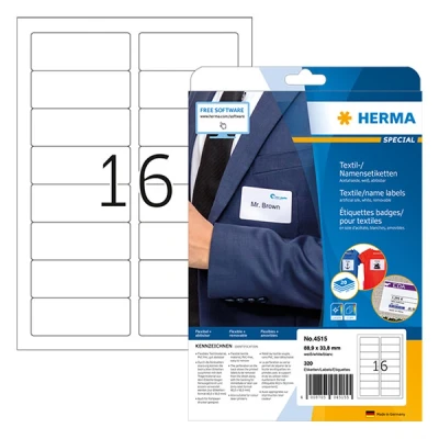 Image of HERMA Self Adhesive Clothing Labels, 16 Labels per A4 Sheet, 20 Sheets, 88.9 x 33.8 mm, 320 Blank Removable Name Stickers, Sticky Textile for Laser &amp; Inkjet Printer, White