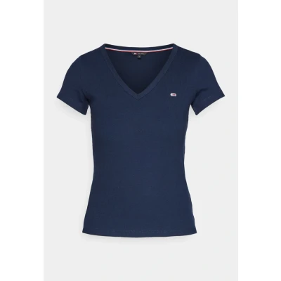 Image of Tommy Jeans Women Short Sleeve T Shirt Slim V Neck, Dark Night Navy, XXS
