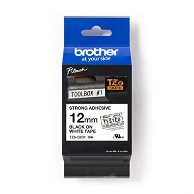 Image of Brother TZe S231 Labelling Tape Cassette, Black on White, 12mm (W) x 8M (L), Strong Adhesive, Genuine Supplies