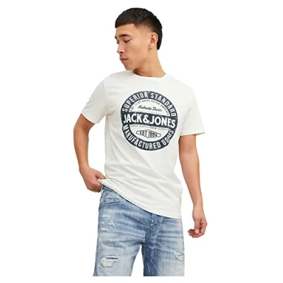 Image of Jack &amp; Jones Oneck Print Tshirt, Men&#039;s, Size: Medium, Cloud dancer