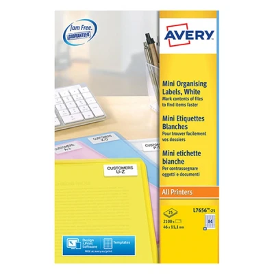 Image of AVERY L7656 25 2100 Mini Adhesive Personalised Labels White. 46 x 11.1 mm. Laser Printing
