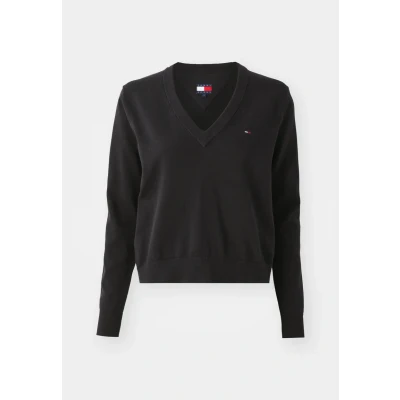 Image of Tommy Jeans Women&#039;s TJW Essential Vneck Sweater EXT DW0DW19888 Pullover Sweater, Black (Black), XS, XS
