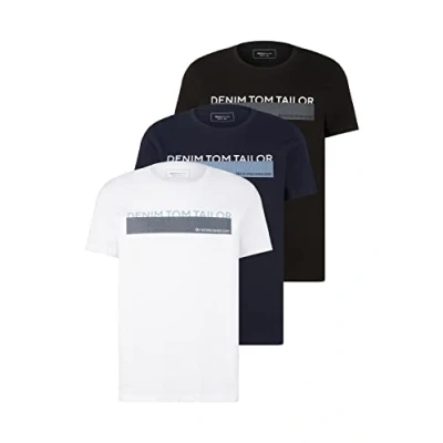 Image of Tom Tailor Denim Men&#039;s Triplepack t Shirt with Print (Pack of 3), 29999 Black, L