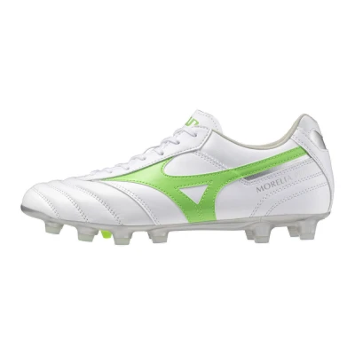 Image of Mizuno Morelia II PRO Moulded stud football boots, Men&#039;s, Size: 7.5, White/neon green/galaxy silver Leather/synthetics