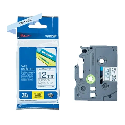 Image of Brother TZe MQ531 Labelling Tape Cassette, Black on Pastel Blue, 12 mm (W) x 4 m (L), Laminated, Genuine Supplies