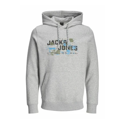 Image of JACK &amp; JONES Men&#039;s Hoodie with Adjustable Drawstring Bold Logo Print Design Fleece Lining Kangaroo Pocket Sweatshirt for Men, Size S to 2XL, Light Grey Black Green Blue,