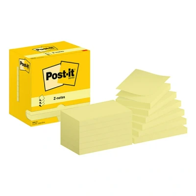 Image of Post it Z Notes Canary Yellow, Pack of 12 Pads, 100 Sheets per Pad, 76 mm x 127 mm, Yellow Color Self stick For Note Taking, To Do Lists &amp; Reminders