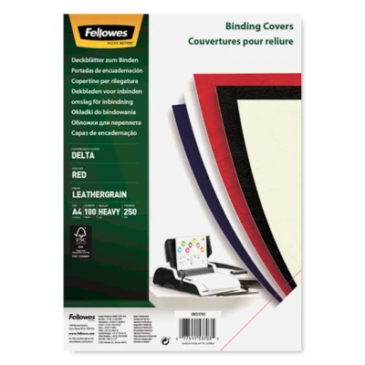 Image of Fellowes 100% Recyclable A4 Leatherboard Binding Covers Heavyweight 250gsm Presentation FSC, Red, Pack of 100