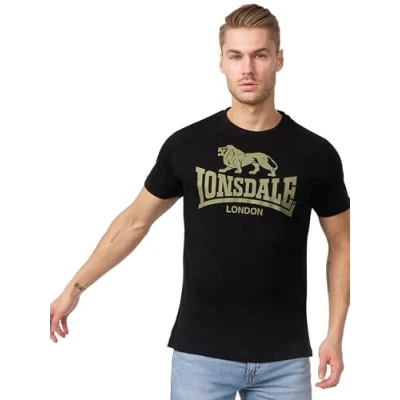 Image of Lonsdale Normale Passform LOGO Print Tshirt, Men&#039;s, Size: Large, Black/olive