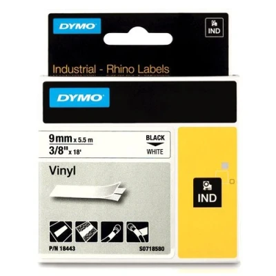 Image of DYMO Rhino Industrial Vinyl Labels 9 mm x 5.5 m black on white self adhesive tape for and LabelManager Label Printer