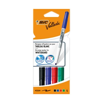 Image of BIC Velleda 1741 Whiteboard Markers, Medium Bullet Nib Pens Durable Plastic Wallet Assorted Colours, Pack of 4,packaging may vary