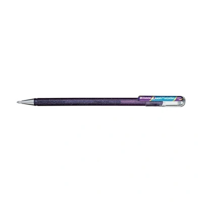 Image of Pentel K110 Dual Hybrid Metallic Gel Rollerball Pen Pack of Glitter 1 2 Different Colour Effects on Light Wood/Dark Paper 0,5mm Violett/met. Blau