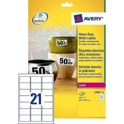 Image of Avery L7060 20 (63.5 x 38.1mm) Extra Strong Adhesive Heavy Duty Weatherproof Labels, 21 Labels Per A4 Sheet, White