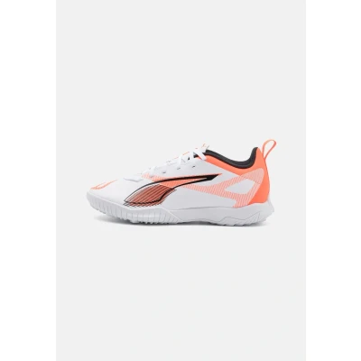 Image of Puma Ultra 5 PLAY TT JR Unisex Astro turf trainers for kids, Size: 5.5, White/black/glowing red Textile/synthetics