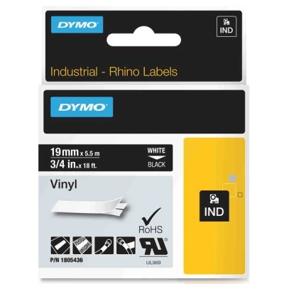 Image of DYMO Rhino Industrial Vinyl Labels 9mm x 5.5m White on Black Self Adhesive Label Tape for and LabelManager Maker
