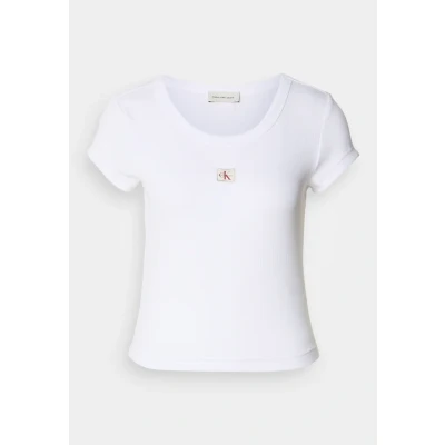 Image of Calvin Klein Women’s Short Sleeve Round Neck Woven Label Rib Baby Tee, White (Brilliant White), XS