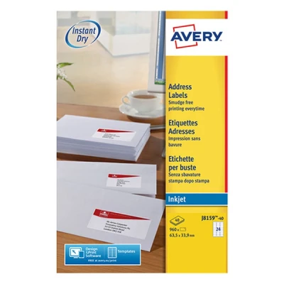 Image of Avery Self Adhesive Address Mailing labels, Inkjet Printers, 24 Labels per A4 Sheet, 600 QuickDRY (J8159)