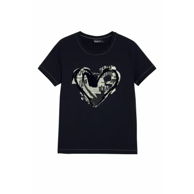 Image of Desigual Newspaper Heart Print Tshirt, Women&#039;s, Size: 12, Black