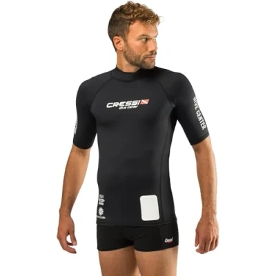 Image of Cressi Men&#039;s Rash Guard Man Black Dive Center UV Sun Protection (UPF) 50+ Short Sleeve