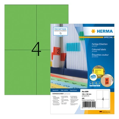 Image of HERMA Self Adhesive Coloured Labels, 4 Labels per A4 Sheet, 100 Sheets, 105 x 148 mm, 400 Blank Colour Stickers, Sticky for Laser &amp; Inkjet Printer, Grün