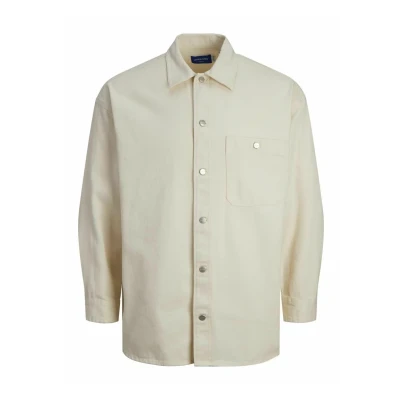 Image of JACK &amp; JONES Men&#039;s Jorsantorini Denim Overshirt LS Long Sleeve Shirt, Buttercream, S