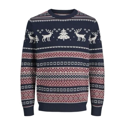 Image of JACK &amp; JONES Men&#039;s Jorsnowball Knit Crew Neck Knitted Jumper, Blazer navy, S